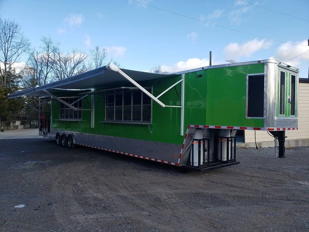 1008-8.5-x-53-lime-green-gooseneck-bbq-concession-food-trailer-with-appliances-1.jpg 8.5' x 53' Lime Green Gooseneck BBQ Concession Food Trailer with Appliances