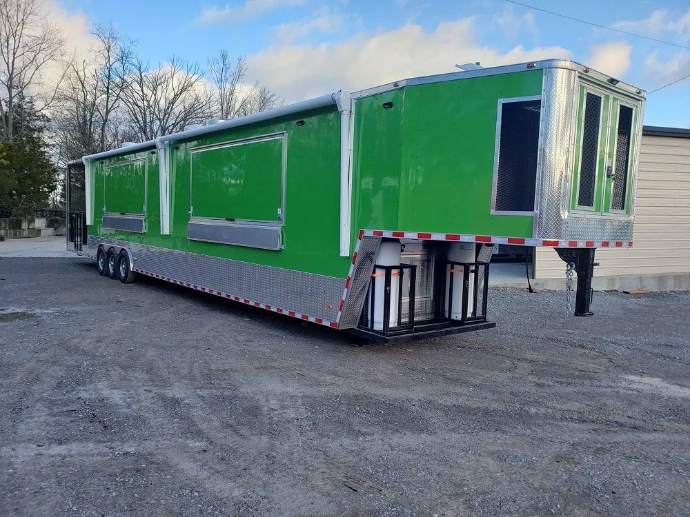 1008-8.5-x-53-lime-green-gooseneck-bbq-concession-food-trailer-with-appliances-2.jpg 8.5' x 53' Lime Green Gooseneck BBQ Concession Food Trailer with Appliances