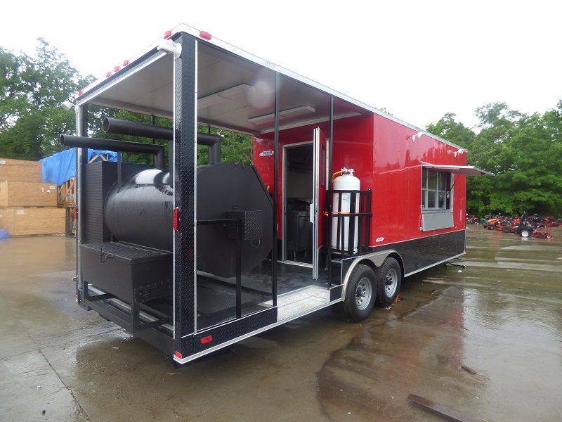 BBQ Concession Trailer 8.5' x 26' Red and Black With BBQ Smoker Porch and Restroom