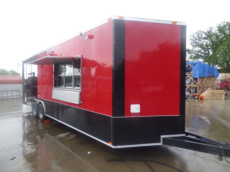 BBQ Concession Trailer 8.5' x 26' Red and Black With BBQ Smoker Porch and Restroom