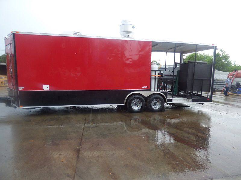 BBQ Concession Trailer 8.5' x 26' Red and Black With BBQ Smoker Porch and Restroom