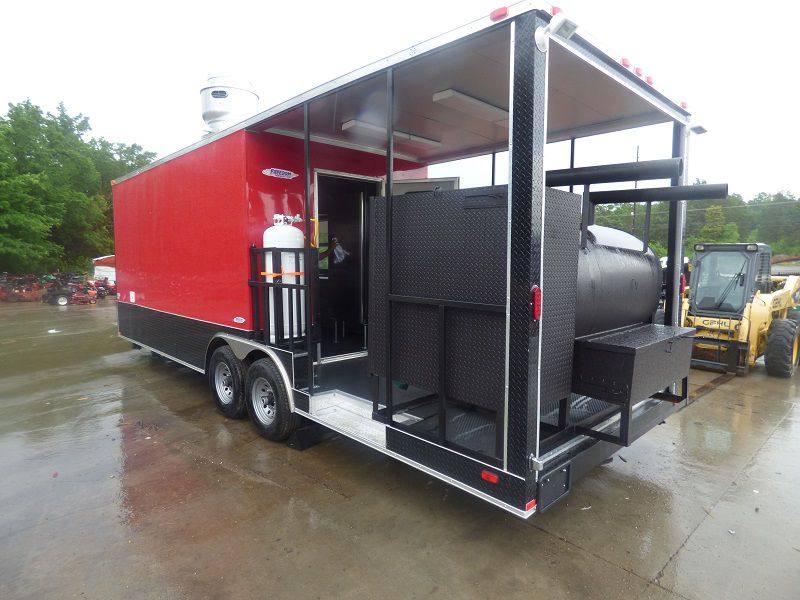 BBQ Concession Trailer 8.5' x 26' Red and Black With BBQ Smoker Porch and Restroom