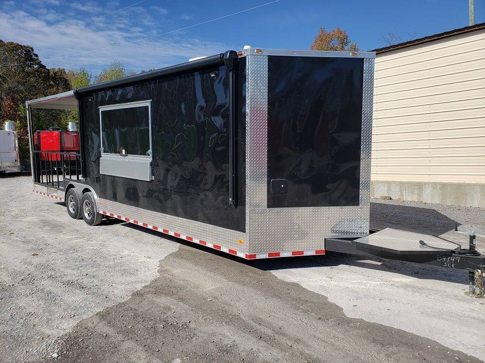 1023-black-8.5-x-28-bbq-porch-concession-food-trailer-1.jpg Black 8.5' x 28' BBQ Porch Concession Food Trailer