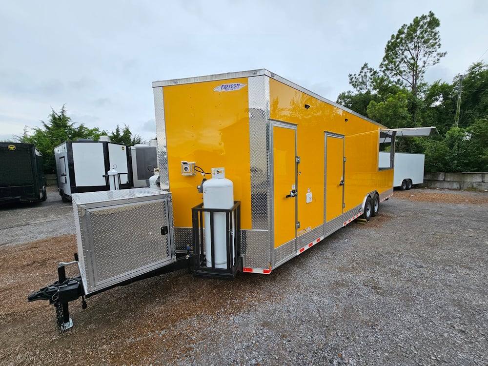 Concession Trailer 8.5' X 28' Yellow Concession Trailer Kettle Corn Event Catering
