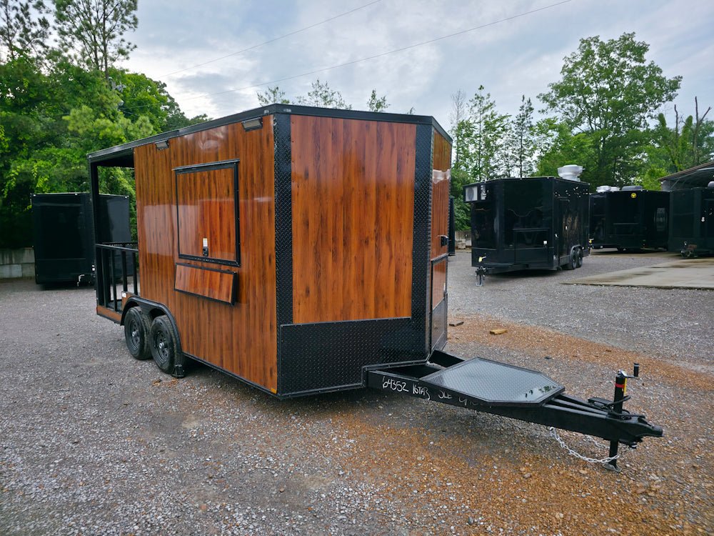 135-8.5-x-16-elite-concession-trailer-woodgrain-w-6-porch-event-catering-10.jpg 8.5' X 16' Elite Concession Trailer Woodgrain W/6' Porch Event Catering