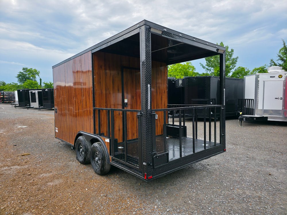 135-8.5-x-16-elite-concession-trailer-woodgrain-w-6-porch-event-catering-6.jpg 8.5' X 16' Elite Concession Trailer Woodgrain W/6' Porch Event Catering