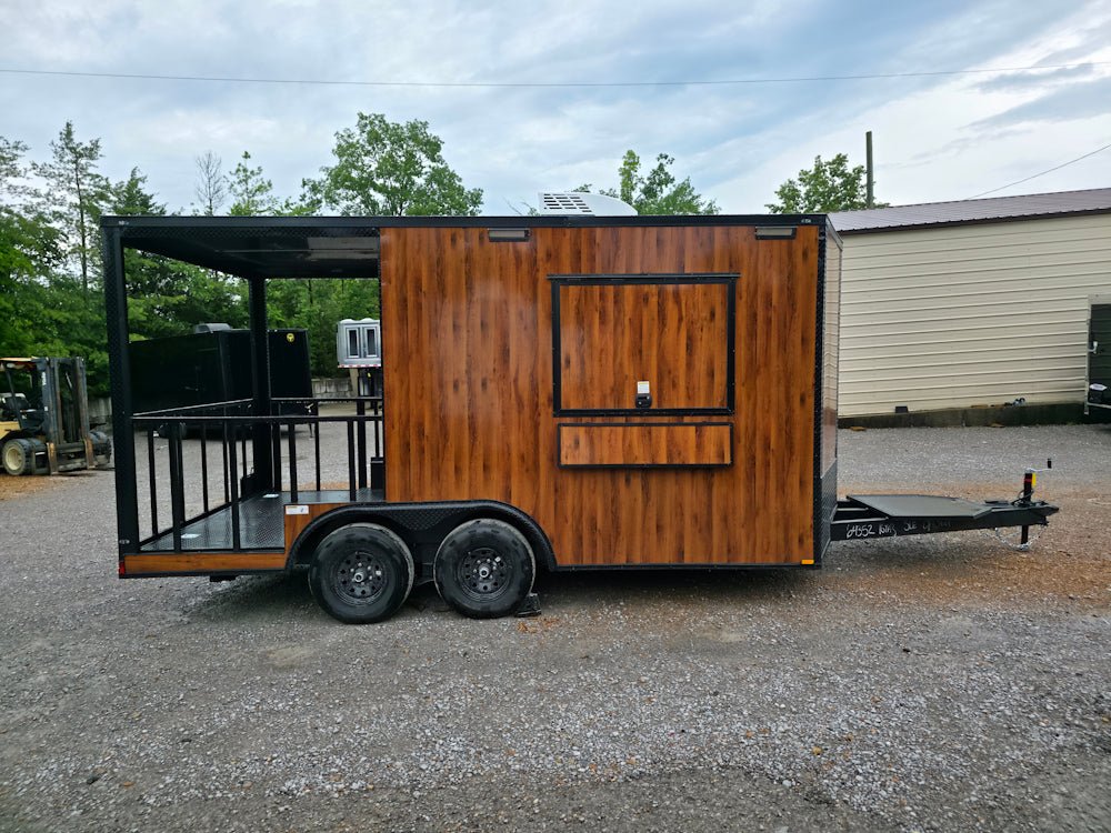 135-8.5-x-16-elite-concession-trailer-woodgrain-w-6-porch-event-catering-9.jpg 8.5' X 16' Elite Concession Trailer Woodgrain W/6' Porch Event Catering