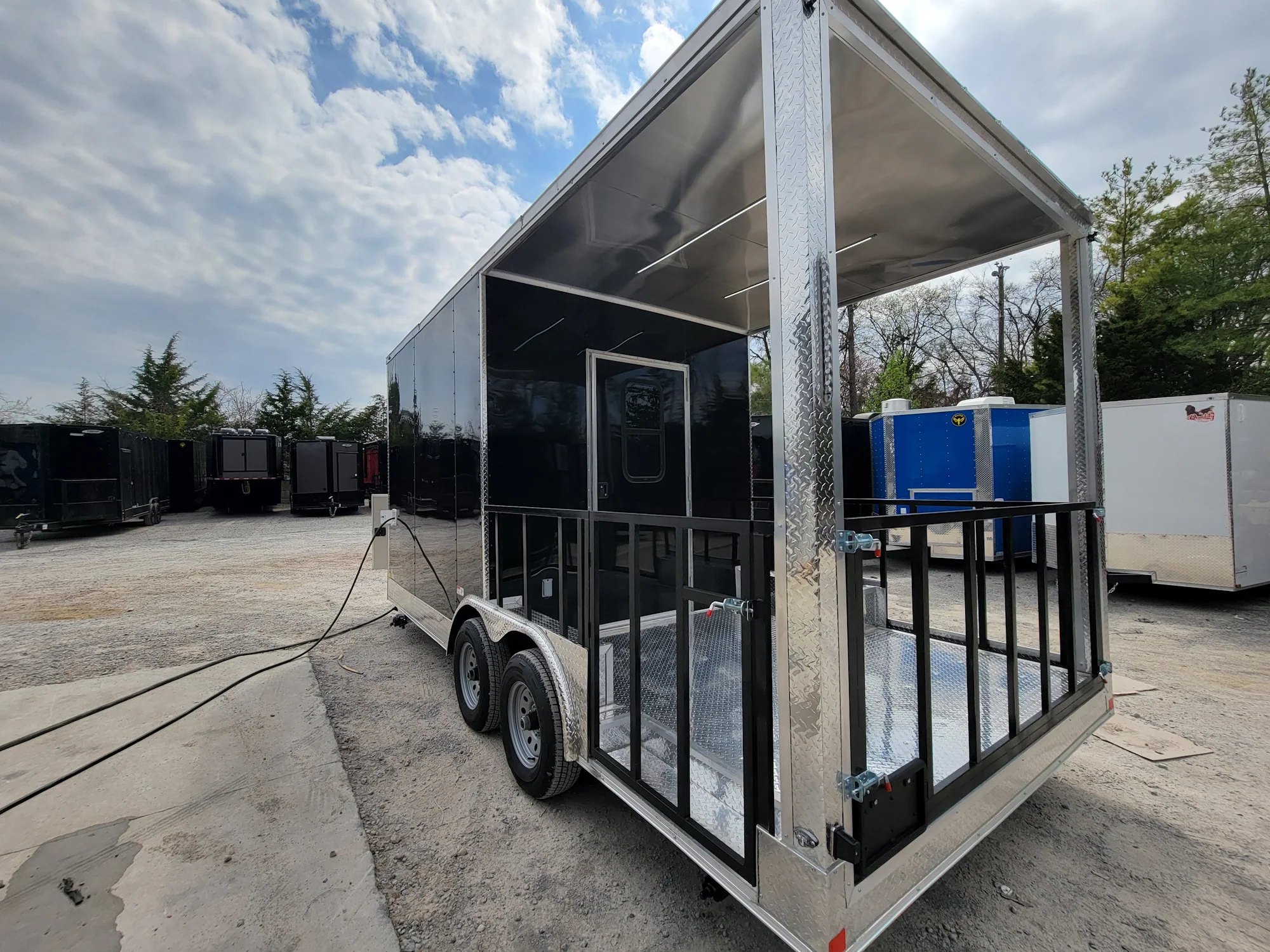 226-8.5-x-18-black-concession-trailer-with-8ft-bbq-porch-food-event-catering-7.webp 8.5' X 18' Black Concession Trailer With 8ft BBQ Porch Food Event Catering