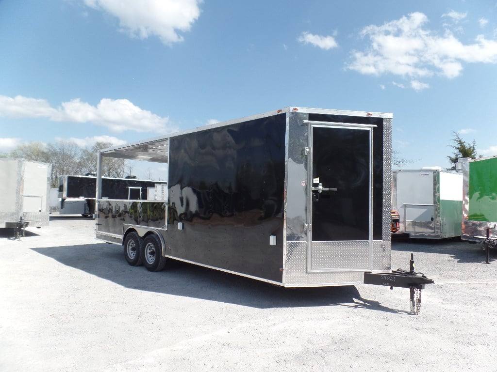 323-8.5-x-20-bbq-black-porch-style-concession-trailer-1.jpg 8.5' x 20' BBQ Black Porch Style Concession Trailer