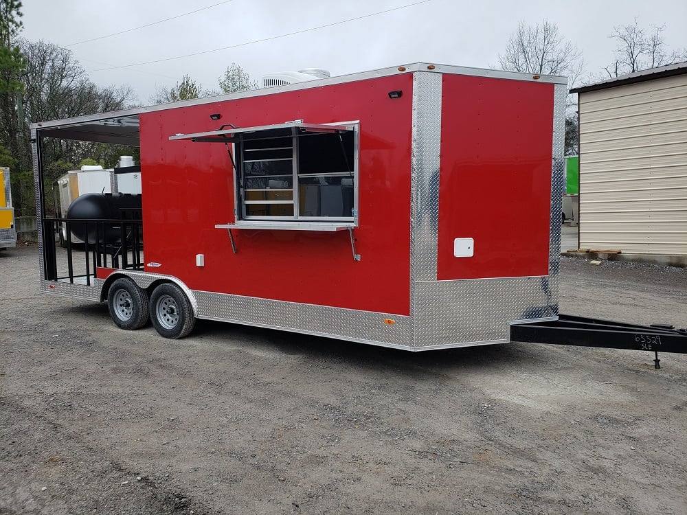 463-8.5-x-20-red-porch-style-bbq-concession-food-trailer-with-appliances-1.jpg 8.5' x 20' Red Porch Style BBQ Concession Food Trailer with Appliances