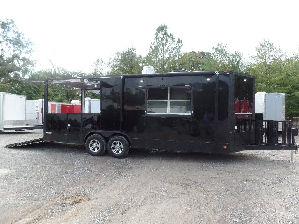 523-8.5-x-22-black-enclosed-bbq-porch-concession-food-trailer-1.jpg 8.5' x 22' Black Enclosed BBQ Porch Concession Food Trailer