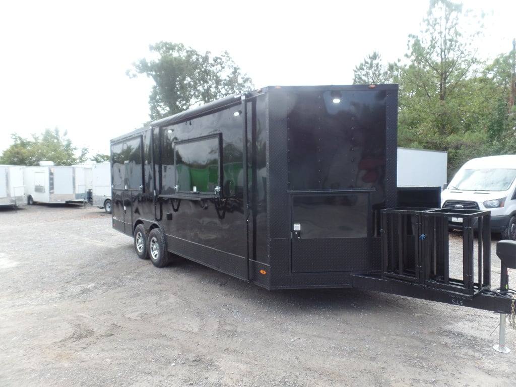 523-8.5-x-22-black-enclosed-bbq-porch-concession-food-trailer-3.jpg 8.5' x 22' Black Enclosed BBQ Porch Concession Food Trailer