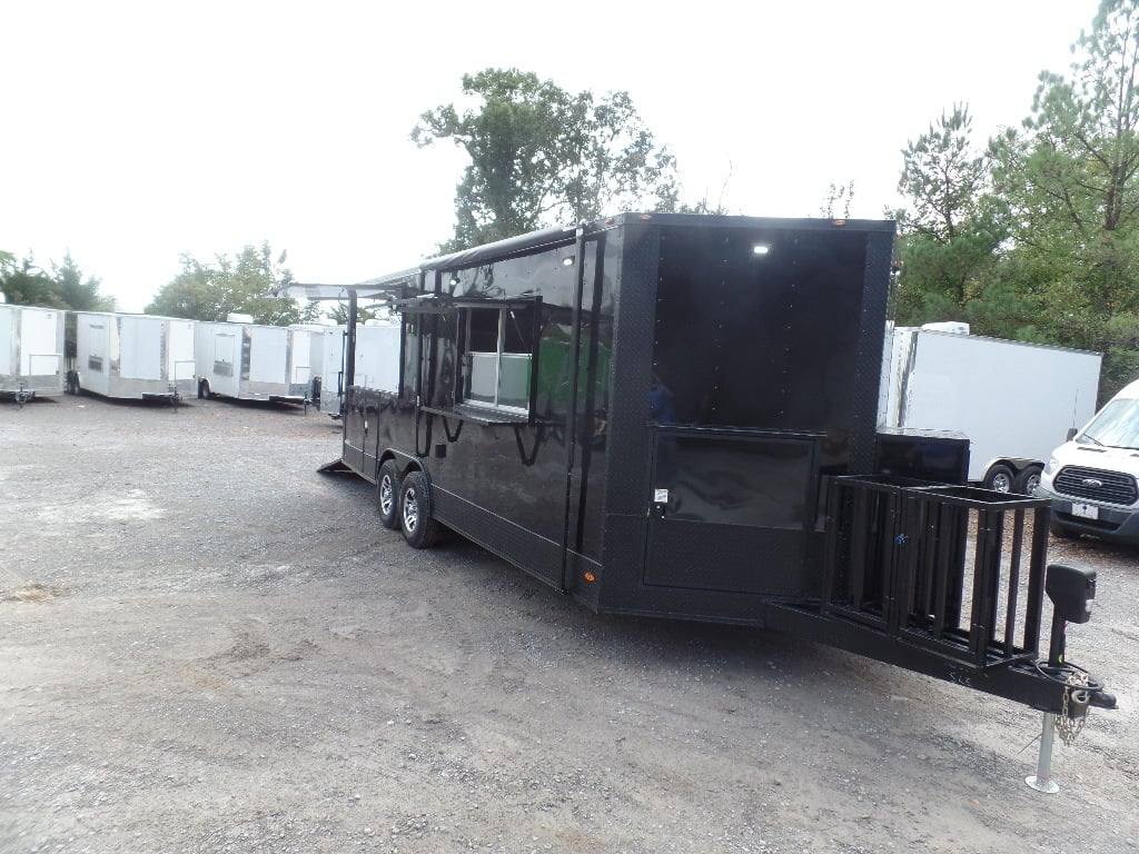 523-8.5-x-22-black-enclosed-bbq-porch-concession-food-trailer-4.jpg 8.5' x 22' Black Enclosed BBQ Porch Concession Food Trailer
