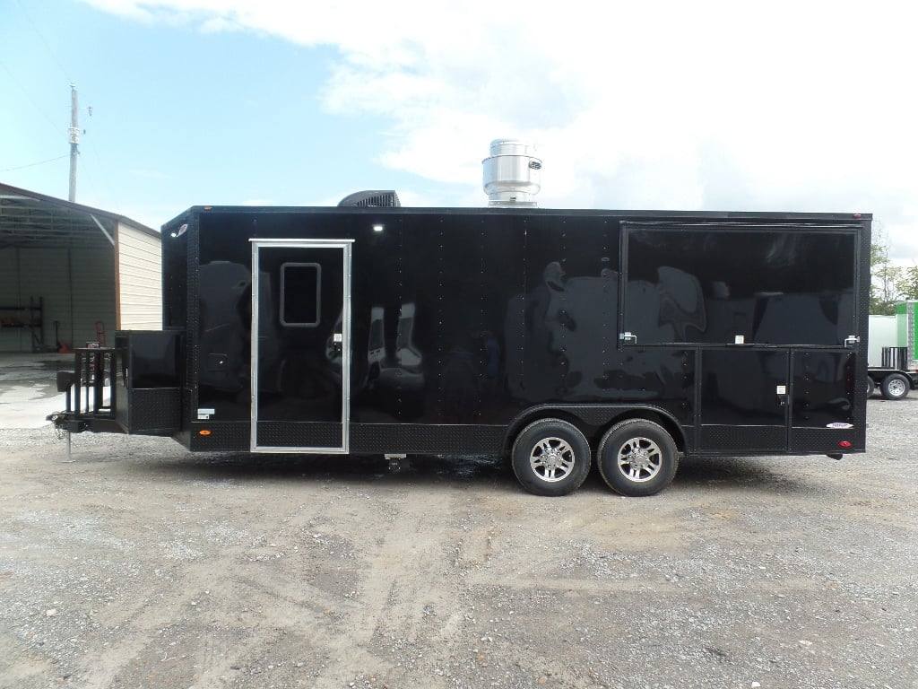 523-8.5-x-22-black-enclosed-bbq-porch-concession-food-trailer-5.jpg 8.5' x 22' Black Enclosed BBQ Porch Concession Food Trailer