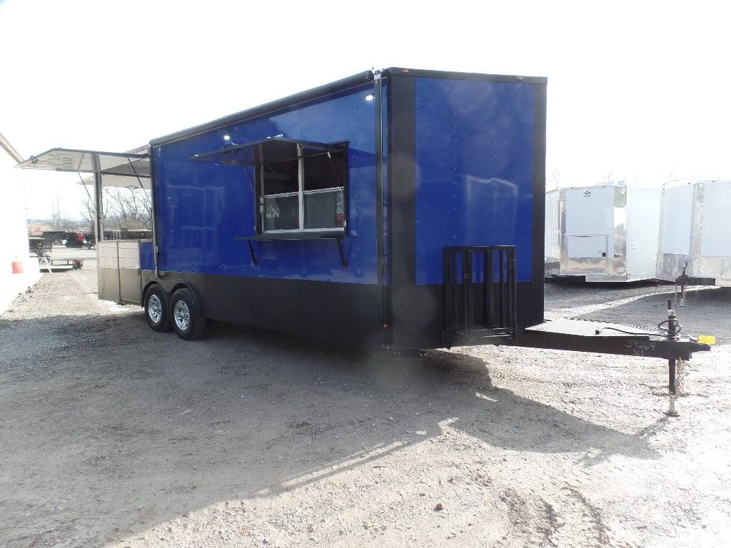 538-8.5-x-22-cobalt-blue-bbq-porch-concession-food-trailer-1.jpg 8.5' x 22' Cobalt Blue BBQ Porch Concession Food Trailer