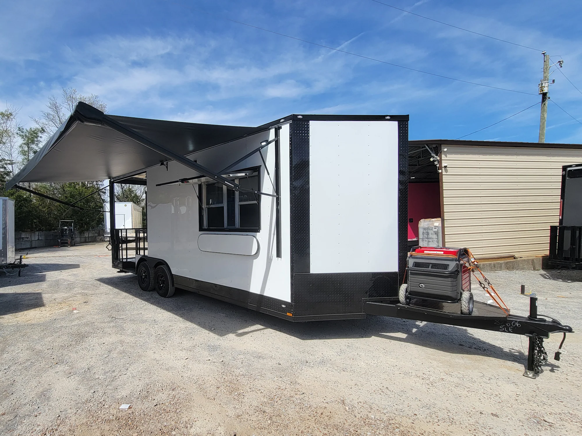 570-8.5-x-22-concession-trailer-with-8-porch-white-with-blackout-trim-bbq-food-event-catering-1.webp 8.5' X 22' Concession Trailer With 8' Porch White With Blackout Trim BBQ Food Event Catering
