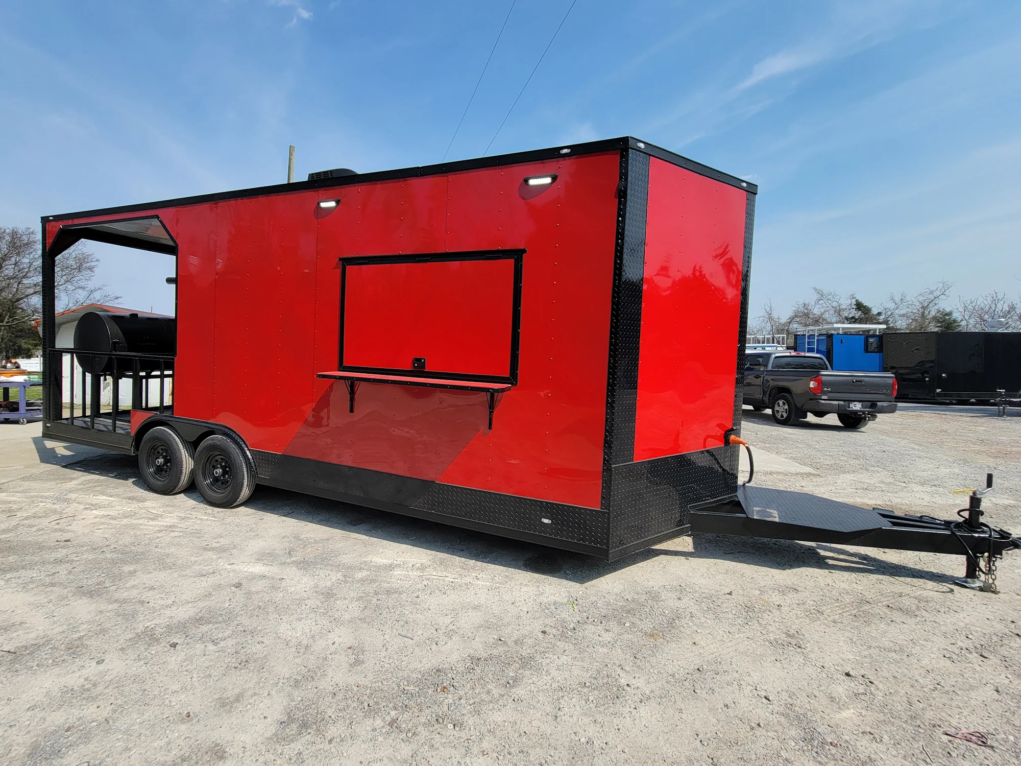 8.5' X 22' Custom BBQ Concession Trailer Victory Red With 8' Porch Black and Blackout Trim