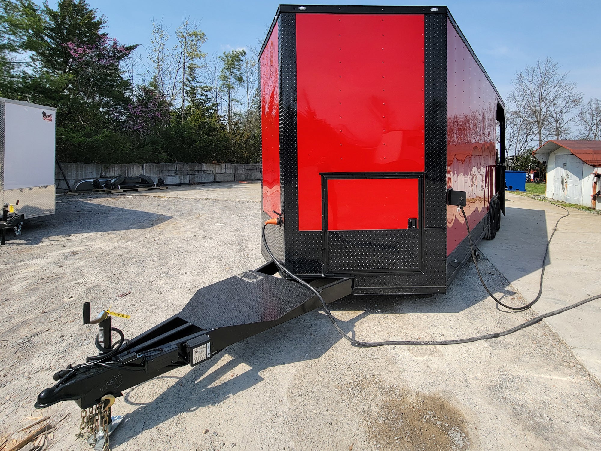 8.5' X 22' Custom BBQ Concession Trailer Victory Red With 8' Porch Black and Blackout Trim