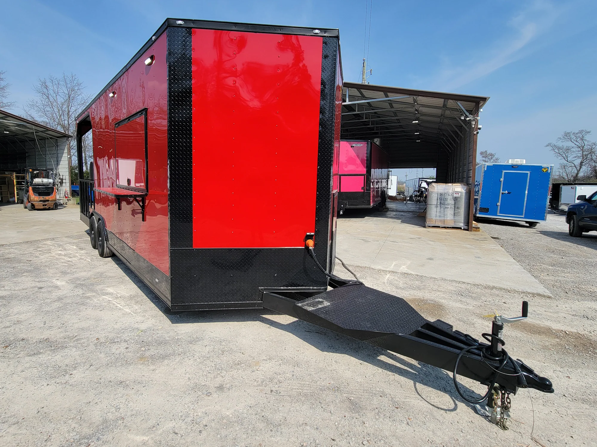8.5' X 22' Custom BBQ Concession Trailer Victory Red With 8' Porch Black and Blackout Trim