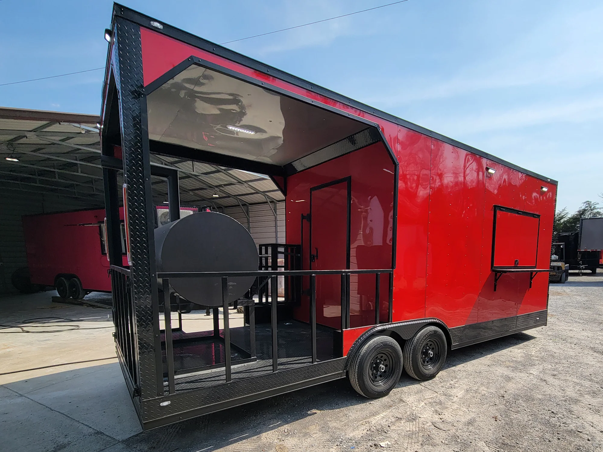 8.5' X 22' Custom BBQ Concession Trailer Victory Red With 8' Porch Black and Blackout Trim