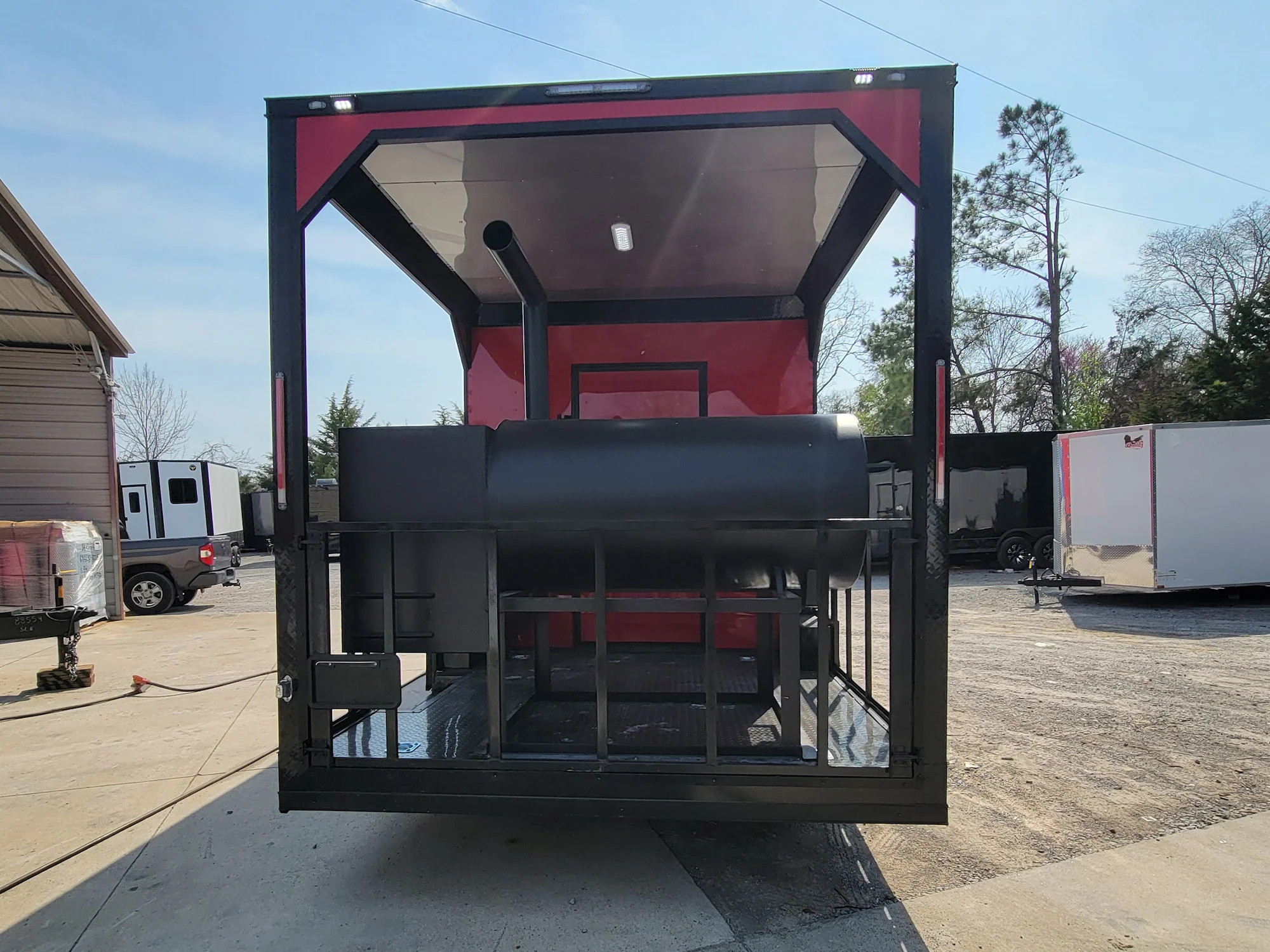 8.5' X 22' Custom BBQ Concession Trailer Victory Red With 8' Porch Black and Blackout Trim