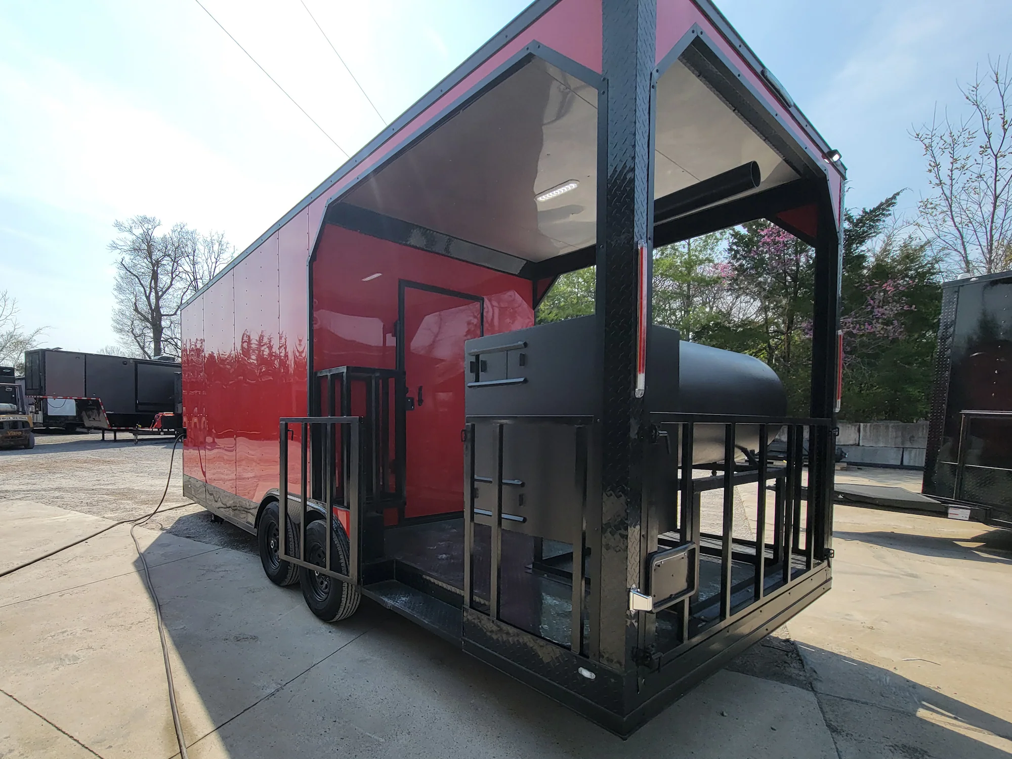 8.5' X 22' Custom BBQ Concession Trailer Victory Red With 8' Porch Black and Blackout Trim