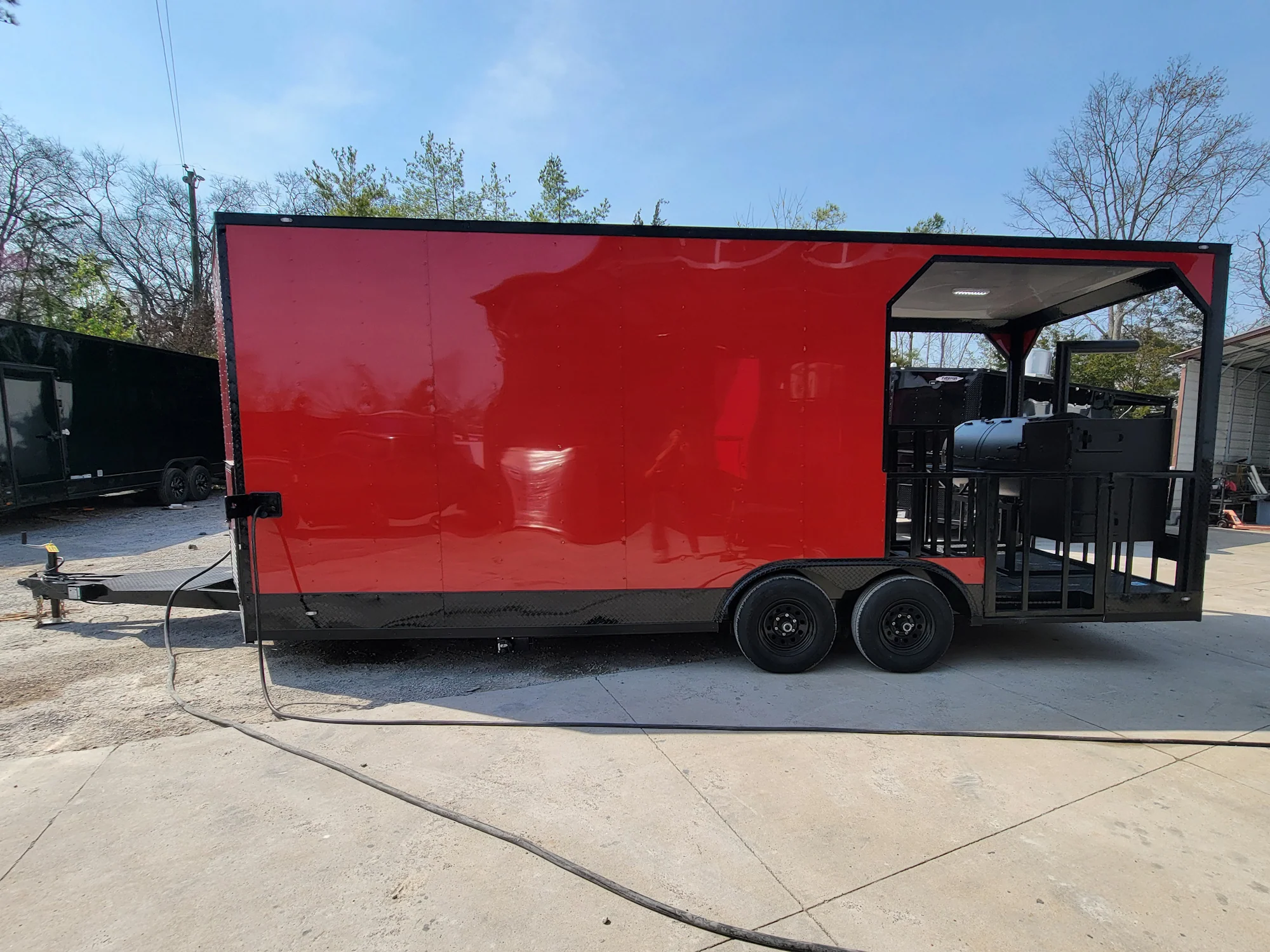 8.5' X 22' Custom BBQ Concession Trailer Victory Red With 8' Porch Black and Blackout Trim