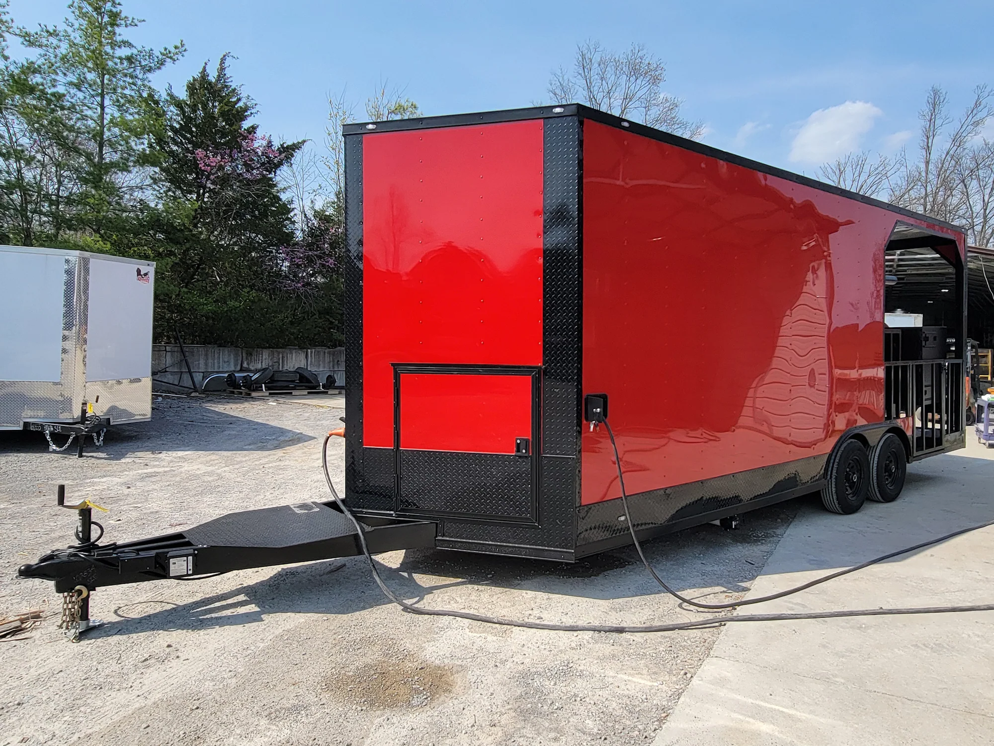 8.5' X 22' Custom BBQ Concession Trailer Victory Red With 8' Porch Black and Blackout Trim