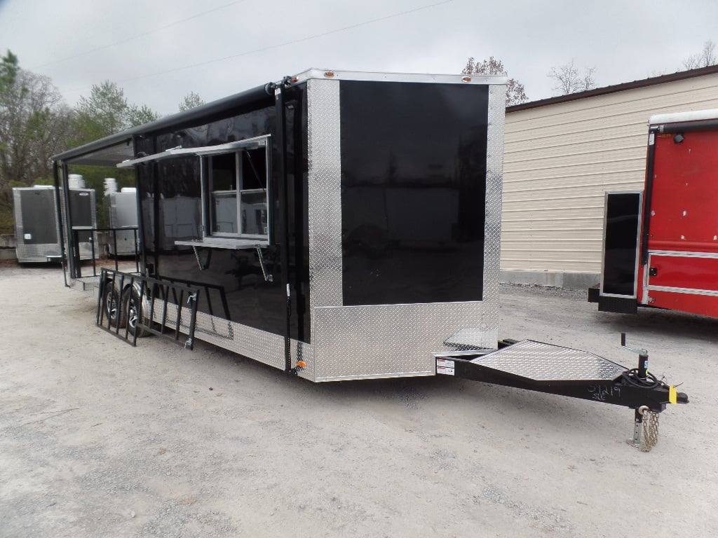 627-8.5-x-24-black-bbq-porch-style-concession-food-trailer-1.jpg 8.5' x 24' Black BBQ Porch Style Concession Food Trailer