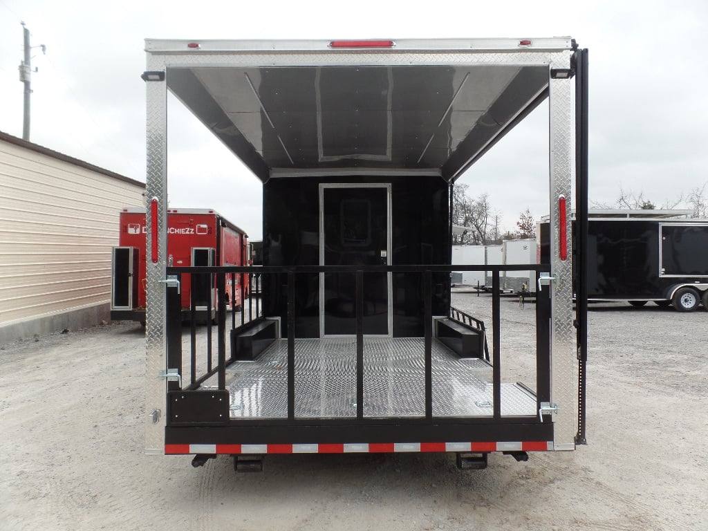 627-8.5-x-24-black-bbq-porch-style-concession-food-trailer-18.jpg 8.5' x 24' Black BBQ Porch Style Concession Food Trailer