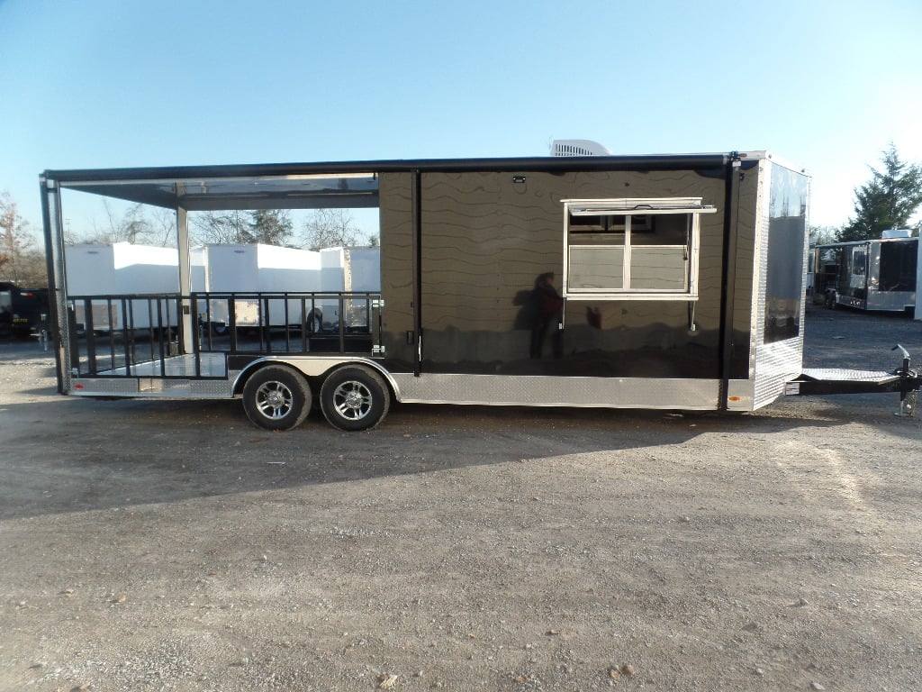 628-8.5-x-24-black-bbq-porch-style-concession-food-trailer-with-appliances-1.jpg 8.5' x 24' Black BBQ Porch Style Concession Food Trailer With Appliances