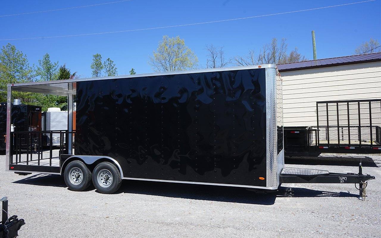 629-8.5-x-24-black-bbq-porch-style-concession-trailer-2.jpg 8.5' x 24' Black BBQ Porch Style Concession Trailer