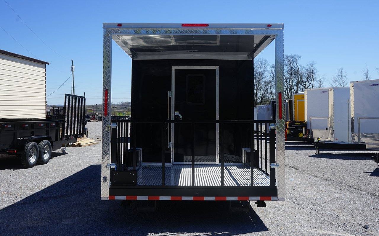 629-8.5-x-24-black-bbq-porch-style-concession-trailer-5.jpg 8.5' x 24' Black BBQ Porch Style Concession Trailer