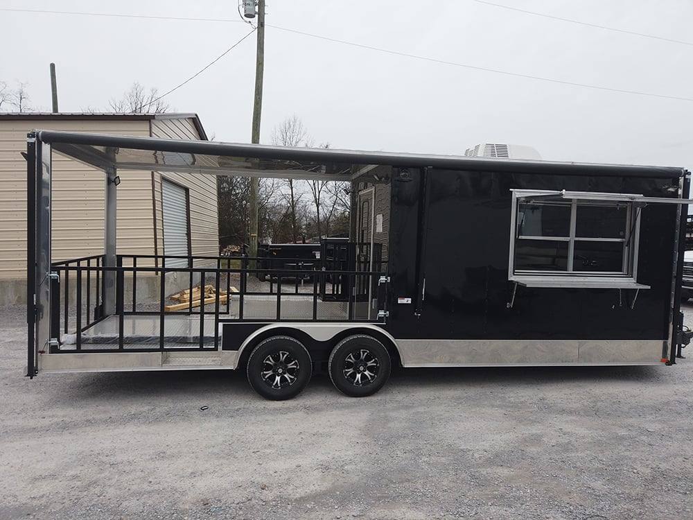 639-8.5-x-24-black-porch-style-bbq-concession-food-trailer-1.jpg 8.5' x 24' Black Porch Style BBQ Concession Food Trailer