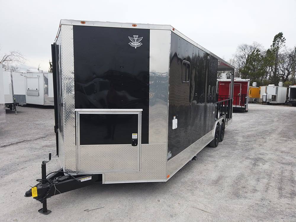 639-8.5-x-24-black-porch-style-bbq-concession-food-trailer-2.jpg 8.5' x 24' Black Porch Style BBQ Concession Food Trailer