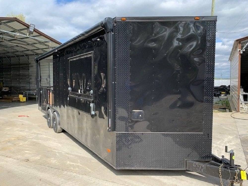 640-8.5-x-24-black-porch-style-bbq-concession-food-trailer-1.jpg 8.5' x 24' Black Porch Style BBQ Concession Food Trailer