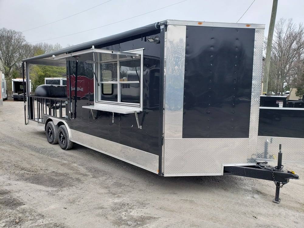 641-8.5-x-24-black-porch-style-bbq-vending-food-trailer-with-appliances-1.jpg 8.5' x 24' Black Porch Style BBQ Vending Food Trailer with Appliances