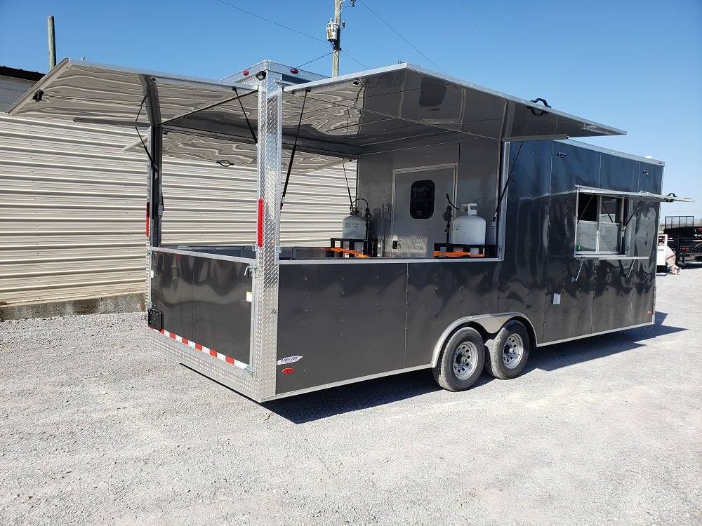 650-8.5-x-24-charcoal-gray-bbq-porch-concession-trailer-with-restroom-1.jpg 8.5' x 24' Charcoal Gray BBQ Porch Concession Trailer with Restroom