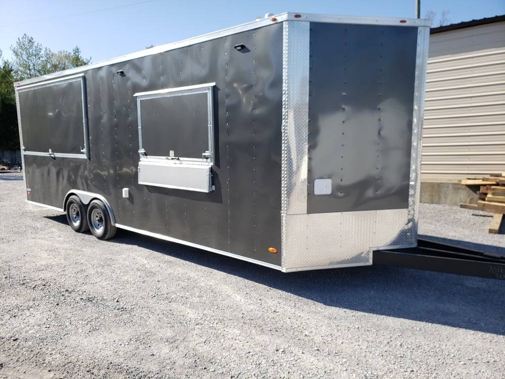 650-8.5-x-24-charcoal-gray-bbq-porch-concession-trailer-with-restroom-2.jpg 8.5' x 24' Charcoal Gray BBQ Porch Concession Trailer with Restroom