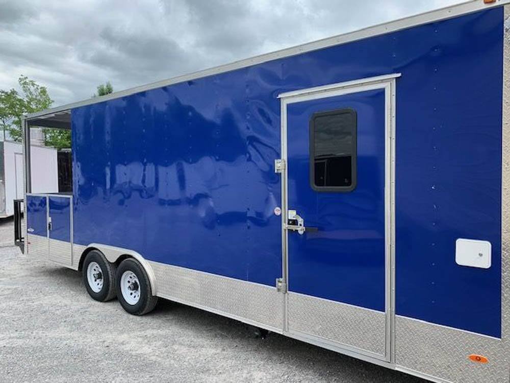 656-8.5-x-24-cobalt-blue-bbq-porch-concession-food-trailer-3.jpg 8.5' x 24' Cobalt Blue BBQ Porch Concession Food Trailer