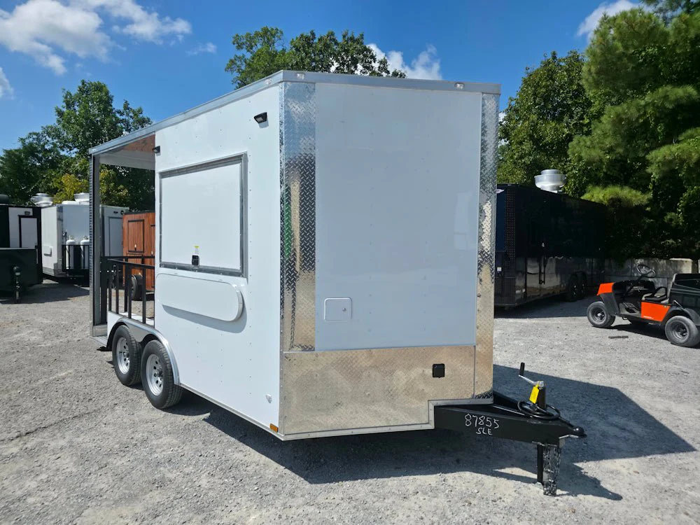 8.5' X 14' White Custom Concession Trailer With 7' Porch BBQ Event Catering