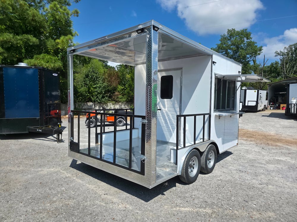 8.5' X 14' White Custom Concession Trailer With 7' Porch BBQ Event Catering