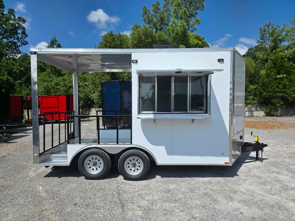 8.5' X 14' White Custom Concession Trailer With 7' Porch BBQ Event Catering