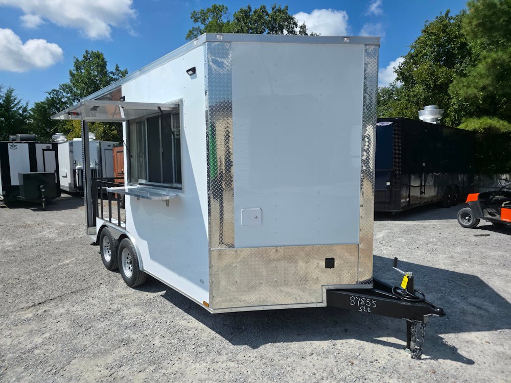 8.5' X 14' White Custom Concession Trailer With 7' Porch BBQ Event Catering