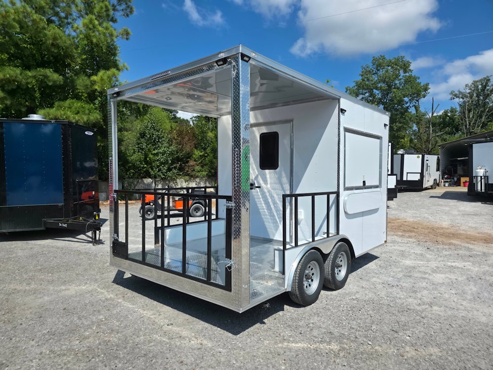 8.5' X 14' White Custom Concession Trailer With 7' Porch BBQ Event Catering