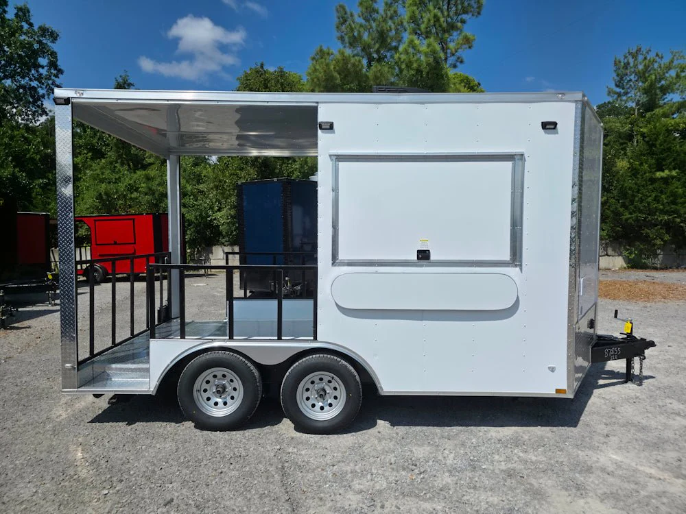 8.5' X 14' White Custom Concession Trailer With 7' Porch BBQ Event Catering
