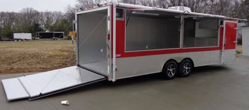 720-8.5-x-24-enclosed-red-food-trailer-car-hauler-catering-event-4.jpg 8.5' x 24' Enclosed Red Food Trailer Car Hauler Catering Event