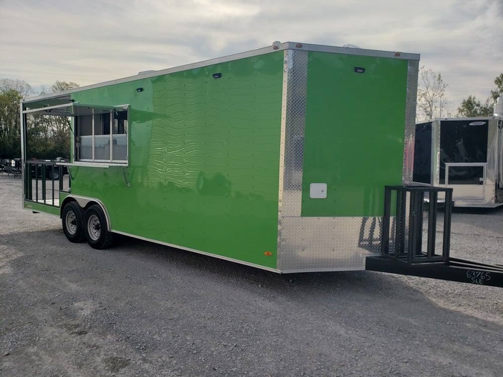 725-8.5-x-24-lime-green-bbq-porch-concession-trailer-with-restroom-1.jpg 8.5' x 24' Lime Green BBQ Porch Concession Trailer with Restroom