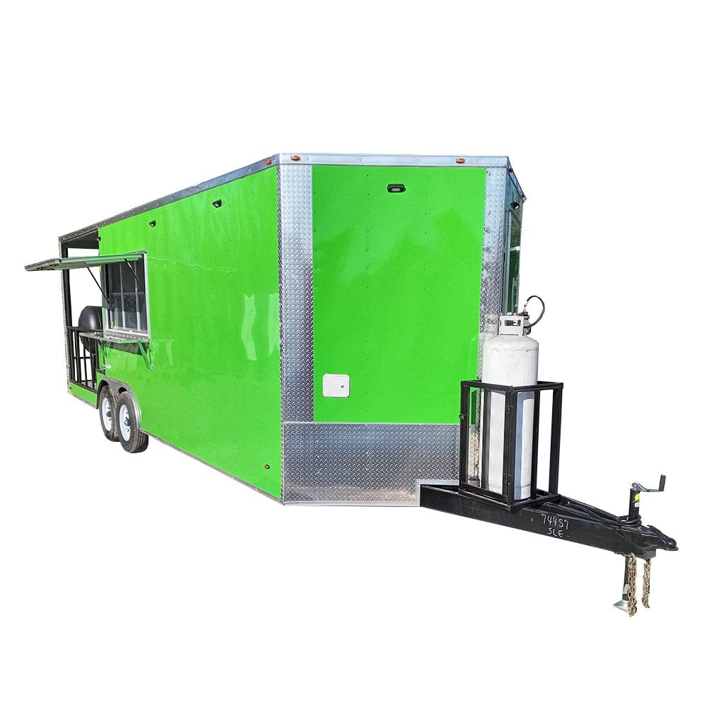 727-8.5-x-24-lime-green-bbq-porch-style-concession-trailer-with-restroom-and-appliances-1.jpg 8.5' x 24' Lime Green BBQ Porch Style Concession Trailer with Restroom and Appliances
