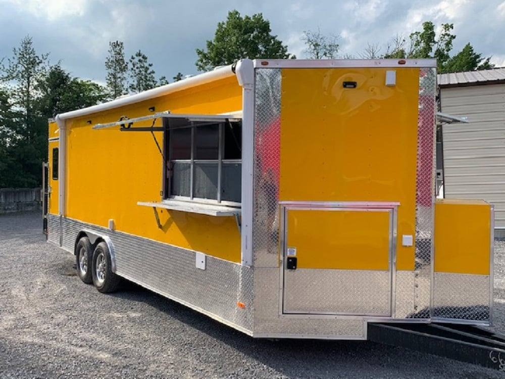 733-8.5-x-24-penske-yellow-concession-food-trailer-with-restroom-and-appliances-1.jpg 8.5' x 24' Penske Yellow Concession Food Trailer with Restroom and Appliances